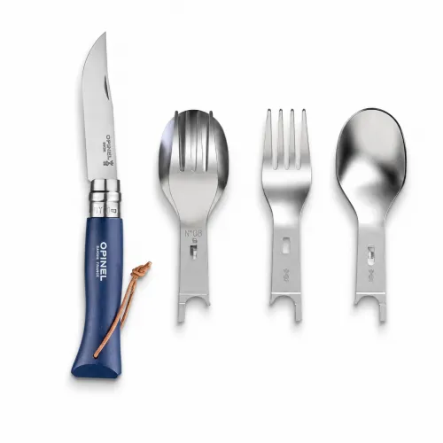 Opinel Blue Complete Picnic Set - No.08 Blue Folding Knife with Fork and Spoon Inserts