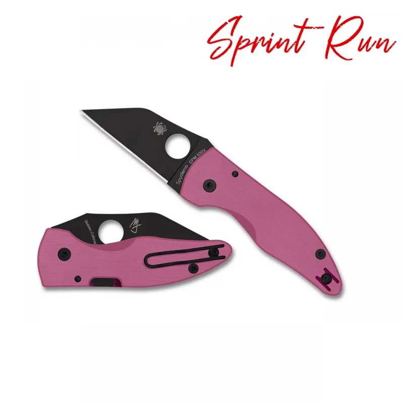 Spyderco YoJumbo Sprint Run Folding Knife - 3.98" Black DLC CPM-S30V Blade Pink G10 Handle Cyclaire Knives and Tools